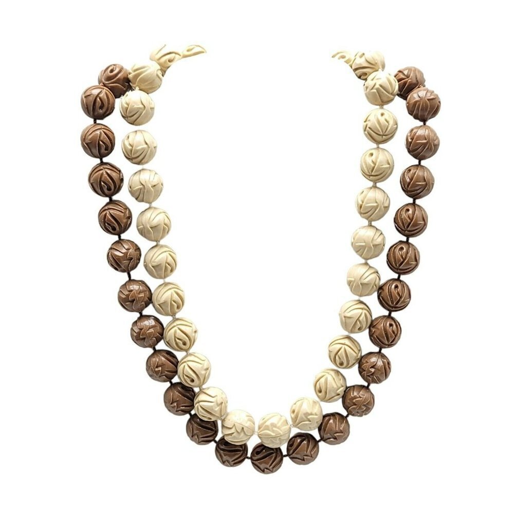 Tan Brown Molded Acrylic Flower Bead Beaded Vintage Choker Necklace 17"